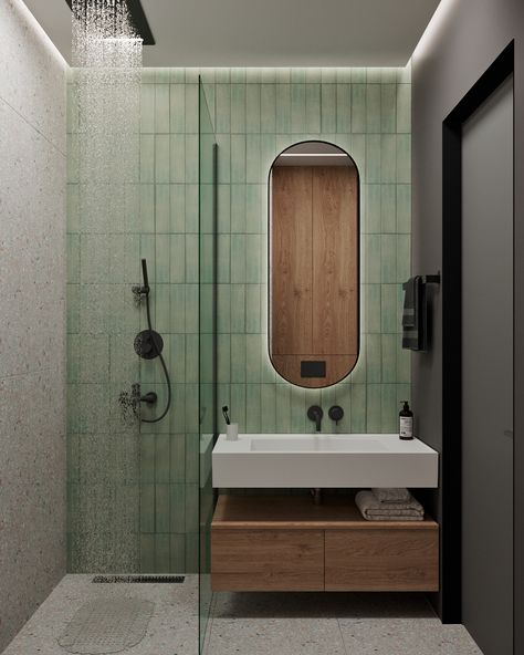 Fresh :: Behance Green Small Bathrooms, Light Green Bathrooms, Small Bathroom With Shower, Berlin Apartment, Minimalist Apartment Style, Round Wood Dining Table, Flat Ideas, Bathroom Goals, Studio Room