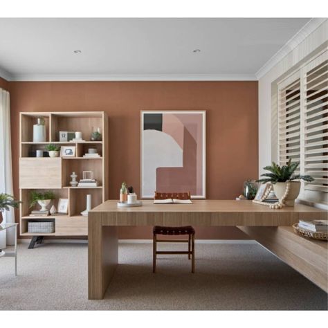 In the mood for mauve and terracotta this Monday night! Terracotta Study Room, Terracotta Office Interior, Rust Office Decor, Home Office Terracota, Terracotta Office Decor, Terracotta Home Office, Terra Cotta Office, Terracotta Lounge, Terracotta Accent Wall