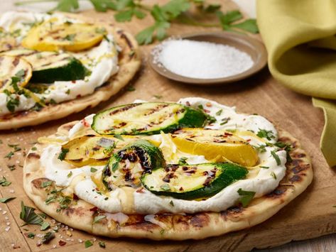 Ricotta, Squash and Honey Flatbread Recipe | Food Network Kitchen | Food Network Ricotta Squash, Honey Flatbread, Best Zucchini Recipes, Flatbread Recipe, Flat Breads, Easy Meal Ideas, Grilled Zucchini, Flatbread Recipes, Quick Meal