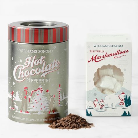 Two beloved Williams Sonoma holiday classics - Peppermint Bark Hot Chocolate and mini marshmallows - are paired in a festive flourish. For a rich, velvety drink, our seasonal spin on European-style hot chocolate is crafted by master chocolatiers, who custom blend shavings of Guittard's finest semisweet and white chocolates, each infused with double-distilled oil of peppermint. The fluffy miniature marshmallows are enriched with pure Madagascar Bourbon vanilla for delicate, creamy sweetness. Set includes 12-oz. tin of Peppermint Bark Hot Chocolate and 4.2-oz. package of Mini Marshmallows. This item cannot be shipped to Hawaii. Gourmet Hot Chocolate, Peppermint Hot Cocoa, Halloween Menu, Gifts Sets, Vanilla Marshmallows, Hot Chocolate Gifts, Peppermint Hot Chocolate, Cheese Tasting, Fall Cocktails