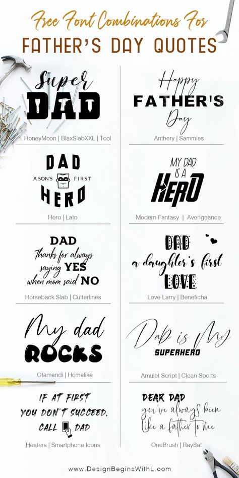 To follow a good tradition of putting together a free font pairings' list for short and sweet quotes, here is the next font pairings' guide this time in anticipation of Father's Day. Father's Day Qoute, Short Father's Day Quote, Short Fathers Day Quotes, Father’s Day Quote, Fathers Day Calligraphy, Free Font Combinations, Fathers Day Sayings, Father Day Quotes, Short And Sweet Quotes