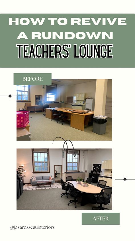 Before and after of an old teacher break room Work Lounge Office Break Room, Teacher Break Room Ideas, Small Staff Room Ideas, Staff Break Room Ideas, Staff Lounge Ideas, Office Break Room Ideas, Teachers Lounge Decor, Break Room Design, Break Room Decor