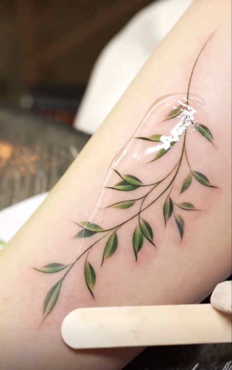 Ivy Around Wrist Tattoo, Vine Tattoos Color, Wrap Around Wrist Tattoos Color, Watercolor Vine Tattoo, Color Vine Tattoo, Small Green Tattoo, Watercolor Plant Tattoo, Vine Tattoos For Women Shoulder, Green Tattoos For Women