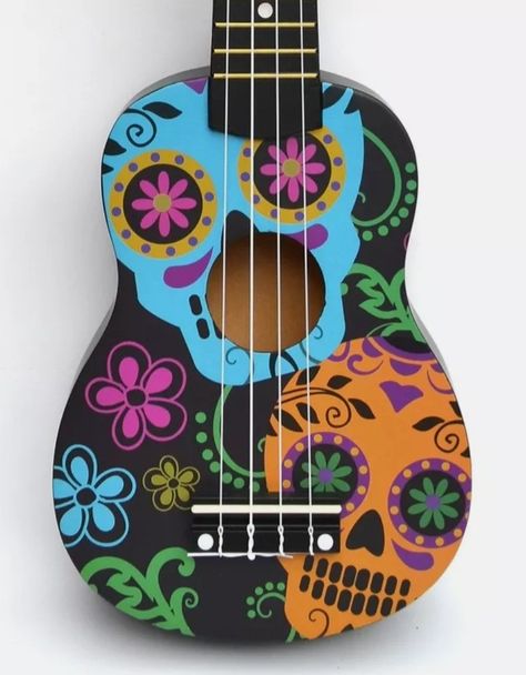 Mexican Guitar Art, Ukulele Drawing, Mexican Guitar, Mexican Ideas, Painted Ukulele, Painted Guitar, Mexican Birthday Parties, Mexican Birthday, Soprano Ukulele