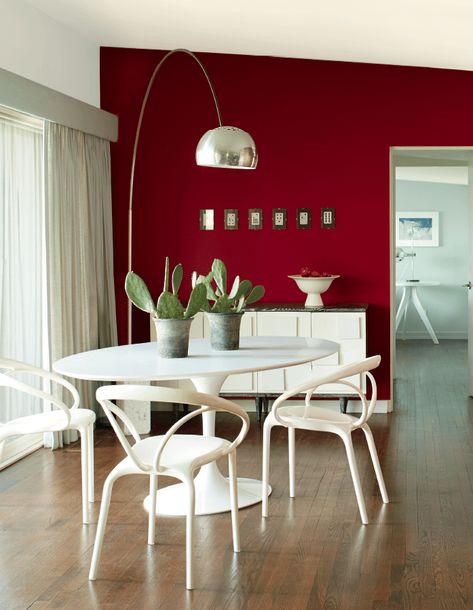 Dining Room Kitchen Combo, Red Feature Wall, Red Painted Furniture, Red Accent Wall, Red Dining Room, Dining Room Paint Colors, Open Plan Kitchen Dining Living, Living Room Layout, Dining Room Paint