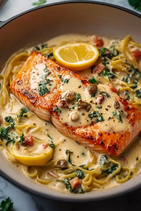 Creamy Salmon Piccata Salmon And Capers Pasta, Pasta With Salmon Creamy, Omega 3 Dinner Recipes, Salmon Plate Ideas, Crispy Skillet Salmon With Lemon Caper Dill Sauce, Fish With Pasta Recipes, Fish Capers Lemon Recipe, Lemon Fish Pasta, Wine Poached Salmon