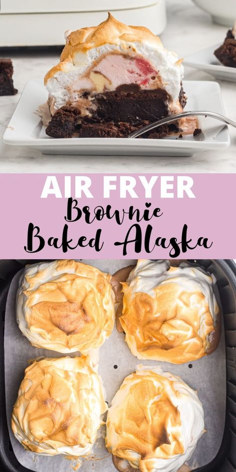 Air fryer brownie baked Alaska is a delicious dessert made with an ice cream topped brownie, and then coated with a crispy meringue. Air Fryer Fried Ice Cream, Air Fryer Brownies, Air Fryer Dessert Recipes, Baked Alaska Recipe, Ninja Grill, Air Fryer Recipes Dessert, Fried Ice Cream, Baked Alaska, Air Fryer Oven Recipes