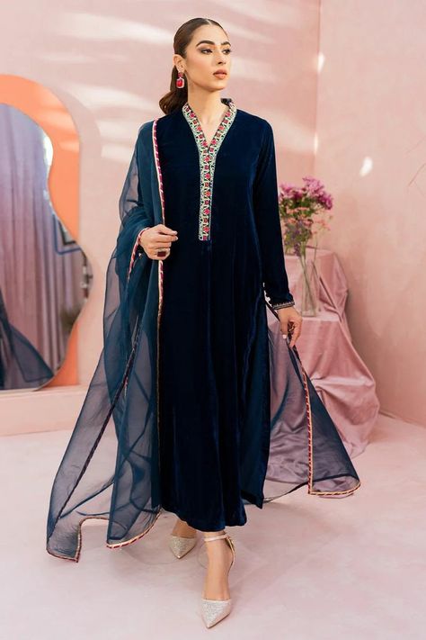 Luxury Formal Naqshi Churidar, Luxury Self-design Jamawar Churidar, Luxury Semi-stitched Velvet Salwar Kameez, Pakistani Dresses Casual Velvet, Blue Velvet Embroidered Dress, Luxury Fitted Churidar For Party, Anarkali Style Long Sleeve Velvet Kurta, Velvet Anarkali Kurta With Long Sleeves, Velvet Long Sleeve Salwar Kameez With Resham Embroidery