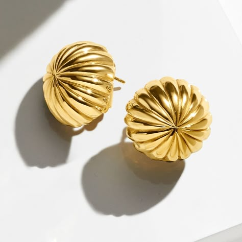 Ross-Simons - Italian 18kt Yellow Gold Line-Patterned Dome Earrings. With the ability to catch and captivate any eye, this radiant pair is a true attention grabber. The Italian-made earrings, glowing entirely in textured and polished 18kt yellow gold, show off domed surfaces decorated with glossy line patterns. A bold look with comfortable weight. Clip/post, 18kt yellow gold line-patterned dome earrings. Jewelry 2024 Trends, Luxury Yellow Gold Statement Earrings, Luxury Yellow Gold-plated Earrings, Luxury Gold-tone Plated Earrings, Luxury Textured Gold Earrings, Luxury Gold-tone Metal Earrings, Italian Gold Jewelry, Laser Cut Earrings, Bold Jewelry