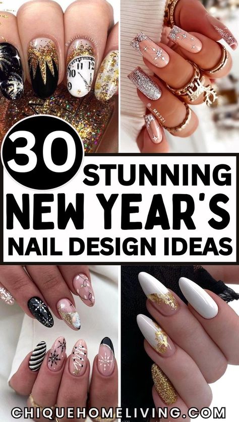 Xmas And Nye Nails, Black Nail Designs For New Years, Black With Gold Sparkle Nails, New Year Almond Acrylic Nails, Simple Nail Designs Ombre, Nail Inspiration Sparkle, Gold Silver Nail Art, Tropical New Years Nails, Simple Cute Acrylic Nail Designs