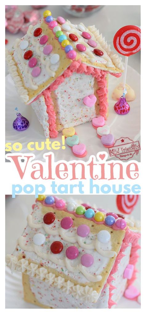 Easter Bunny Pop Tart House, Pop Tart Bunny House, Kid Friendly Valentine Treats, Pop Tart Gingerbread House Christmas, Valentine Gingerbread House Ideas, Pop Tart Valentine, Poptart Gingerbread House Ideas, Poptart Gingerbread House, Valentine’s Day Party Ideas For Kids