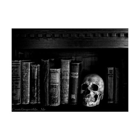 gothic,scull,old books,bookshelf | Tumblr ❤ liked on Polyvore featuring photos, books, backgrounds, pictures and black and white Gothic Bookshelves, Black And White Books, The Boogeyman, Gothic House, Skull And Bones, Old Books, Memento Mori, The Villain, Dark Side