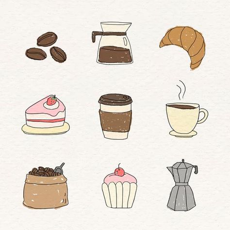 Coffee Machine Illustration, Time Doodle, Coffee Doodle, Food Doodles, Cake Illustration, Doodle Design, Coffee Drawing, Muffin Cake, Coffee Theme