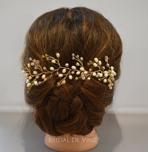 Bridal Gold Headpiece, Glamorous Gold Wedding Headpiece, Elegant Gold Headpiece With Rhinestones, Hair Accessories Updo, Champagne Bridal Hair Piece, Rose Gold Hair Vine Bridal, Champagne Hair, Gold Hair Vine, Bridesmaid Hair Accessories