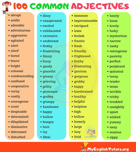 List of 100 Common Adjectives in English Adjectives In English, Adjectives Lesson, English Vocabulary List, Common Adjectives, Words To Describe People, List Of Adjectives, Adjective Words, English Grammar Tenses, English Adjectives