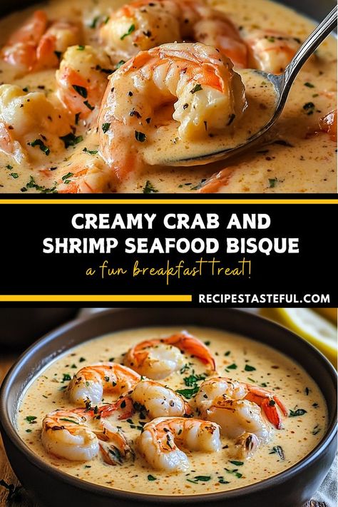 Creamy Crab and Shrimp Seafood Bisque is a rich and velvety soup made with succulent crab and shrimp, simmered in a creamy, flavorful broth with a touch of herbs and spices. A luxurious dish that's perfect for special occasions or cozy dinners! #SeafoodBisque #CrabAndShrimp #ComfortFood Crab And Shrimp Bisque Recipe, Shrimp Bisque Soup Recipes, Creamy Seafood Bisque Recipe, Shrimp And Crab Bisque, Cream Of Crab Soup Recipe, Creamy Crab Soup, Crab And Shrimp Seafood Bisque, Shrimp Bisque Recipe, Crab And Shrimp Recipe