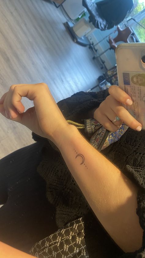 fine line moon tattoo Line Moon Tattoo, Fine Line Moon Tattoos, Fine Line Moon Tattoo, Fine Line Tattoos, Moon Tattoo, Little Tattoos, Tattoo Lettering, Line Tattoos, Wrist Tattoos