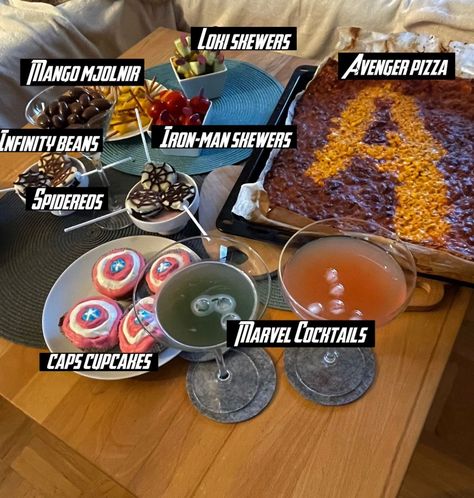 Just some Marvel food ideas Marvel Food Ideas, Marvel Snacks, Movie Marathon Snacks, Marathon Food, Marathon Ideas, Themed Nights, Movie Night Dinner, Night Dinner Recipes, Movie Night Food