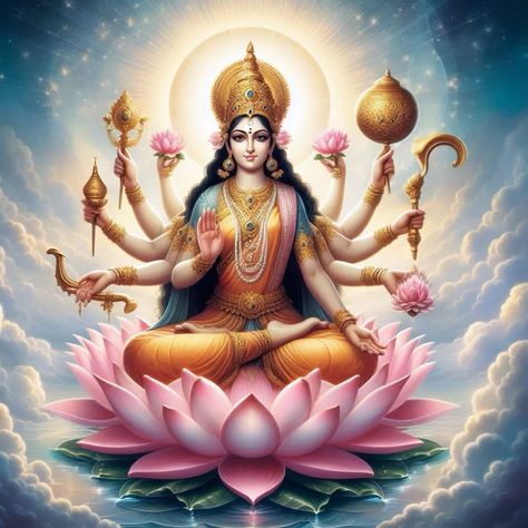 Siddhidatri (The Giver of Supernatural Powers) A regal goddess seated on a blooming lotus, with four arms holding a discus, conch, lotus, and mace. She is depicted with a calm, powerful expression, her aura glowing with divine light. The background is a celestial realm, filled with soft, glowing clouds and a golden light, symbolizing the fulfillment of all desires and spiritual power. . jai kali maa. maha kali #kalimatha #kalimata #mahakali_status #durgadevi Glowing Clouds, Celestial Realm, Kali Maa, Supernatural Powers, Glow Cloud, Kali Mata, Blooming Lotus, Hindu Goddess, Four Arms