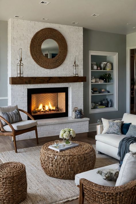 coastal living room design,coastal interior design,modern coastal decor,fireplace design,modern fireplace ideas,coastal home decor,fireplace decorating ideas Coastal Fireplace Ideas, Contemporary Coastal Living Room, Coastal Fireplace, Modern Coastal Living Room, Living Room With A Fireplace, Fall Furniture, Modern Coastal Decor, White Fireplace, Contemporary Coastal