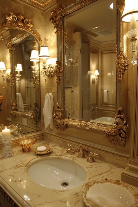 Old Money Aesthetic Bathroom, Old Money Mirror, Old Money Bathroom, Royalty Room, Luxury Bathroom Mirror, Bathroom Mirror Ideas, Royal Bathroom, Old Money House, Dream Life House