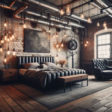 Transform your space with Steampunk vibes by incorporating vintage color palettes, exposed cogs, and unique upcycled pieces. Steampunk Design Interior, Industrial Hotel Room, Gentleman Bedroom, Steampunk Room Ideas, Punk Interior Design, Steam Punk Bedroom, Steampunk House Interiors, Steampunk Bed, Steampunk Bedroom Decor