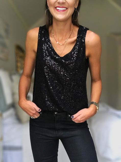 Sequin Holiday Top Black Sequin Tank Top Outfit, Black Sequin Top And Jeans, Black Sequin Top Outfit Party, Sparkle Tank Top Outfit, Sequin Tops For Women, Black Sequin Tank Top, Sequin Cami Outfit, Sparkly Top Outfit Party, Sparkly Shirt Outfit