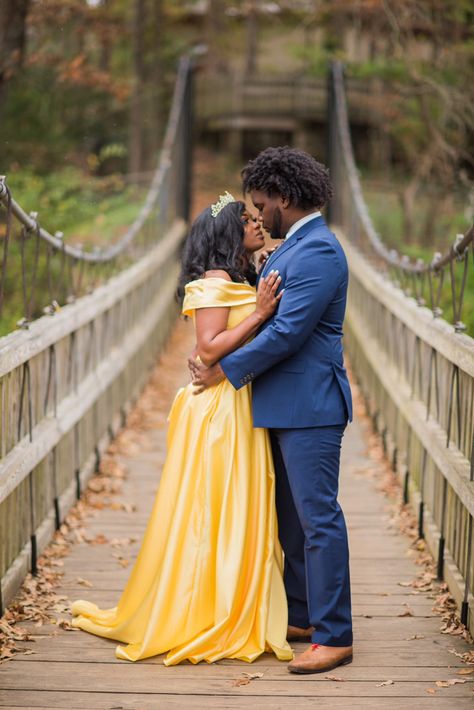 Beauty and the Beast themed photo shoot #blacklove #quarantineengagement #charlotte #2021wedding #younglove #naturalhair Beauty And The Beast Engagement, School Dance Outfits, Beauty And The Beast Wedding Theme, Couple Prom, Hoco 2024, Asking To Prom, Beauty And Beast Wedding, Hoco Ideas, Fairytale Photoshoot