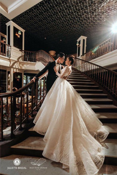 Grand Staircase Wedding Photo, Regal Wedding Photoshoot, Ball Gown Wedding Photos, Wedding Photos Long Train, Ballgown Wedding Photos, Regal Wedding Photos, Balcony Wedding Photos, Fairytale Wedding Photos, Korean Wedding Photography Photo Ideas