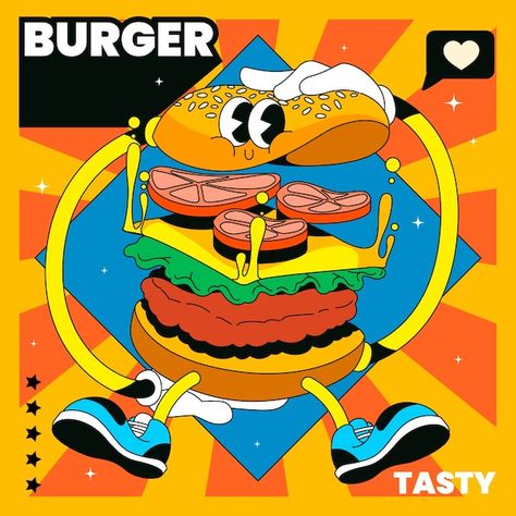 Free vector hand drawn burger illustrati... | Free Vector #Freepik #freevector Burger King Illustration, Burger Illustration Graphics, Burger Graphic Design, Burger Illustration, Burger Vector, Burger Cartoon, Burger Chicken, Food Characters, Graphic Burger