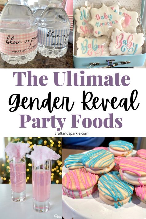 If you are hosting a gender reveal party, you must have lots of pink and blue food. Here is the ultimate list of delicious food, desserts, and drinks perfect for that. This includes gender reveal cakes, cupcakes, cookies, mocktails and much more! Pink And Blue Foods For Gender Reveal, Gender Reveal Food Ideas Desserts, Single Mom Gender Reveal, Gender Reveal Party Food Appetizers, Pink And Blue Gender Reveal Decorations, Food For Gender Reveal Party, Gender Reveal Set Up, Gender Reveal Appetizers, Pink And Blue Food