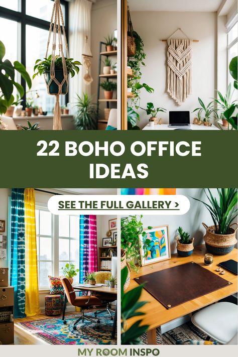 Explore 22 trendy boho office ideas with a blend of creative colors and stylish elements. The Pin introduces four inspiring images designed to boost your office decor and enhance productivity. Boho Living Room Office Combo, Boho Office Waiting Room, Home Office Plants Decor, Nature Office Decor, Vintage Office Decor Ideas, Bohemian Office Decor Ideas, Plants In Office Space, Home Office Boho Chic, Boho Cubicle