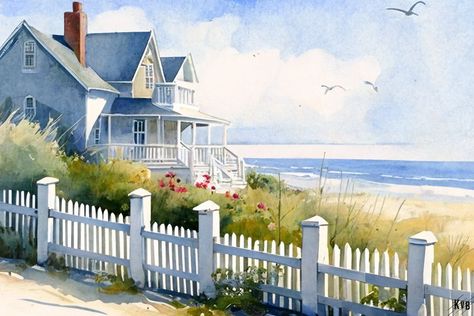 Lake House Watercolor, Beach House Painting Canvas, Beach House Drawing, Houses On The Beach, Beach House Painting, Hamptons Houses, Watercolor Scenes, Beach Houses Architecture, House Watercolor