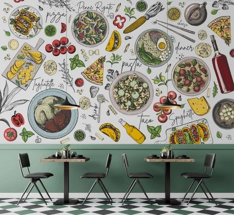 Sketching Taste Sensations: Restaurant Interior Sketches Wall Graphics Restaurant, Wallpaper Kitchen Wall, Wallpaper Dining Room, Cafe Wallpaper, Wallpaper Dining, Interior Architecture Sketch, Mural Cafe, Interior Sketches, Bakery Design Interior