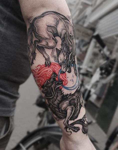 Fenrir Tattoo Sleeve, Asian Wolf Tattoo, Anime Wolf Tattoo, Wolf Tattoos Men Forearm, Skoll Hati Tattoo Norse Mythology, Leg Wolf Tattoo, Skol And Hati Norse Tattoo, Feniri Wolf Tattoo, Sköll And Hati Wolves Tattoo