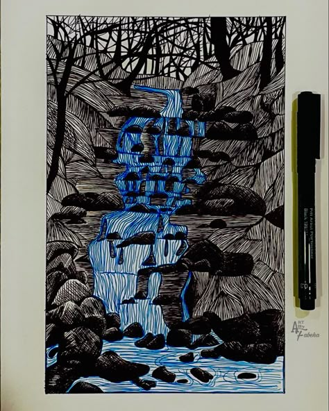 River Pen Drawing, Painting Ideas Difficult, Sketchpen Drawings Ideas Aesthetic, Nature Sketch Ideas, Pen Art Work Drawings, Pen Art Work Illustrations, Fineliner Art Illustration, Sketch Pen Art Doodles, Black Pen Art