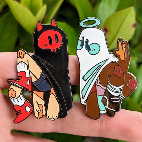 "❤ ANGEL AND GHOST ENAMEL PINS ❤ ♡ These Echo and Ophelia enamel pins perfect for your backpacks, jackets/denim jackets, purses, bags, lanyards, and more! ♡ Art is made by me :) ♡ Size: - 1.5x2\" ♡ SHIPPING & RETURNS ♡ - Please allow 1-4 business days for processing and shipping your order! - This item will be shipped in a cardboard mailer without tracking to minimize your costs. - No returns or exchanges will be accepted and I am not responsible for any delayed or lost packages. - If there is a Enamel Pins Aesthetic, Cute Pins For Backpacks, Ghost Pins, Patches For Jackets, Pin Ideas, Backpack Pins, Jacket Pins, Jackets Denim, Ange Demon