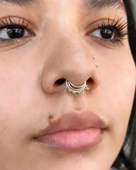 Bling bling • Instagram Stacked Septum Piercing, Nostril And Septum Piercing Together, Septum Stack, Piercing Setup, Stacked Septum, Dainty Septum, Piercing Inspiration, Septum Piercing, Piercing Jewelry