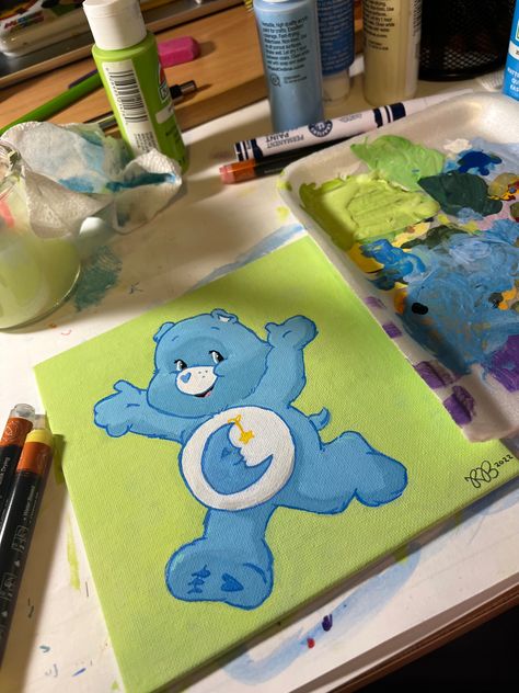 Care Bear Painting Easy, Care Bear Painting Canvas, Carebear Painting Canvas, Care Bears Painting, Care Bear Painting, Hippie Drawing, Vinyl Art Paint, Bear Painting, Disney Canvas Art