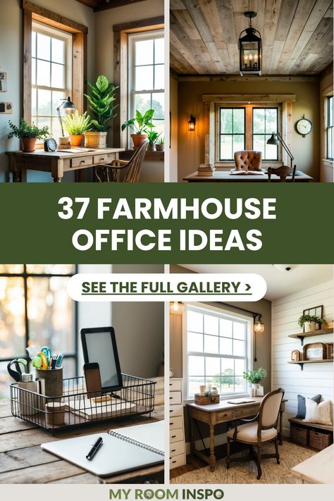 This pin features 4 images highlighting cozy farmhouse office ideas that blend rustic charm with functional workspace solutions. Transform your office for a welcoming and productive feel! Small Office Farmhouse Style, Small Farmhouse Home Office, Rustic Modern Office Decor, Small Farmhouse Office Ideas, Farmhouse Cubicle Decor Office, Western Home Office Ideas, Farmhouse Cubicle Decor, Joanna Gaines Office, Farmhouse Office Decor Work Spaces