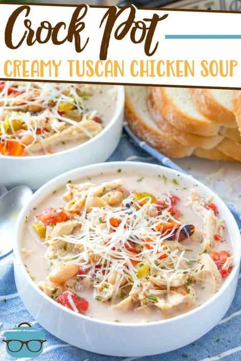 Crock Pot Creamy Tuscan Chicken Soup recipe from The Country Cook, pictured served into two white bowls with Italian sliced bread in the background. Creamy Tuscan Chicken Soup, Creamy Tuscan Soup, Tuscan Chicken Soup, Chicken Soup Crockpot, Soup Video, Creamy Tuscan Chicken, Creamy Italian Chicken, Tuscan Soup, Crockpot Soup