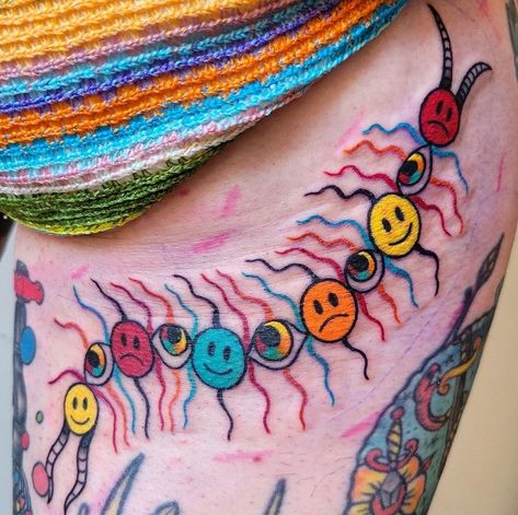 trippy centipede tattoo • smilies rainbow eyes tatt Centipede Art, Centipede Tattoo, Clown Tattoos, Austin Tattoo, Brooklyn Tattoo, Portland Tattoo, Ma Tattoo, Seattle Tattoo, Bright Tattoos