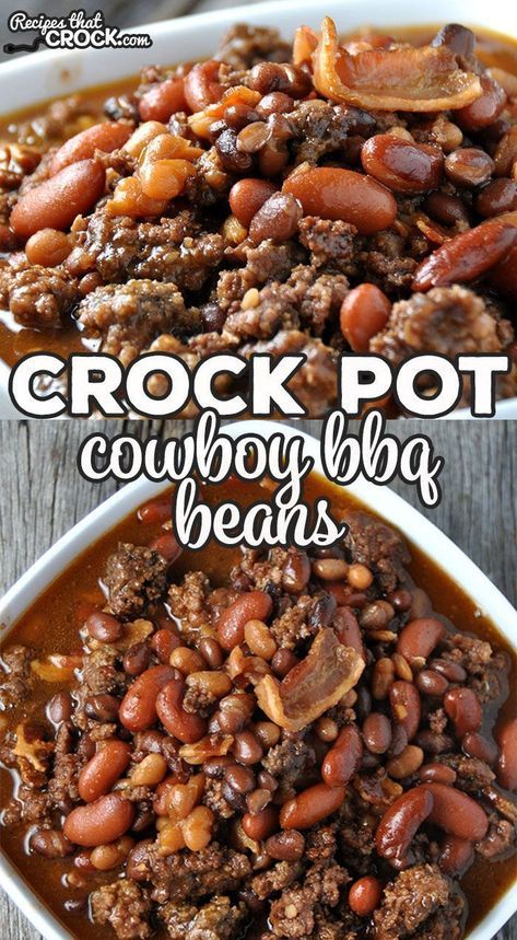 Crock Pot Bean Recipes Slow Cooker, Three Meat Cowboy Beans, Baked Bean Chili Crock Pot, Large Family Slow Cooker Meals, 3 Meat Cowboy Beans Crockpot, Cowboy Beans For 100 People, Crockpot Bbq Baked Beans, Best Bbq Beans Recipe, Bbq Chili Crockpot