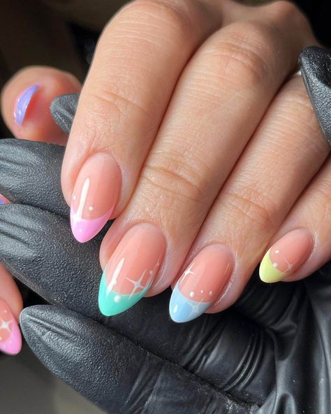 51 Cute Pastel Easter Nails - Ak Pal Kitchen French Tips Pastel Colours, Pastel Tip Nails Almond, Pastel Easter Nails French, Multicoloured French Tip Nails, Pastel Tips Nails, Pastel Nail Tips, French Pastel Nails, Fun French Nails, Pastel French Nails