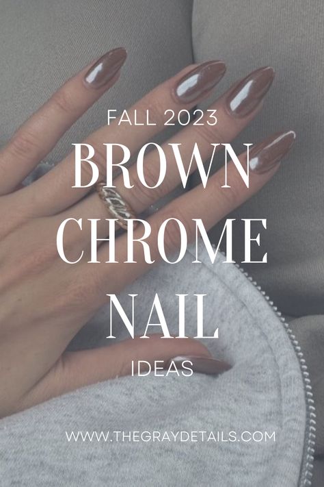 Brown Chrome Nails for Fall Black Nails With Copper Chrome, Fall Nails Chrome Brown, Brown Polish With Chrome, Fall Gel Nails Chrome, Brown Nails For Wedding, Chrome On Color Nails, Fall Brown Chrome Nails, Brown Nail With Chrome, Fall Nail Designs With Chrome