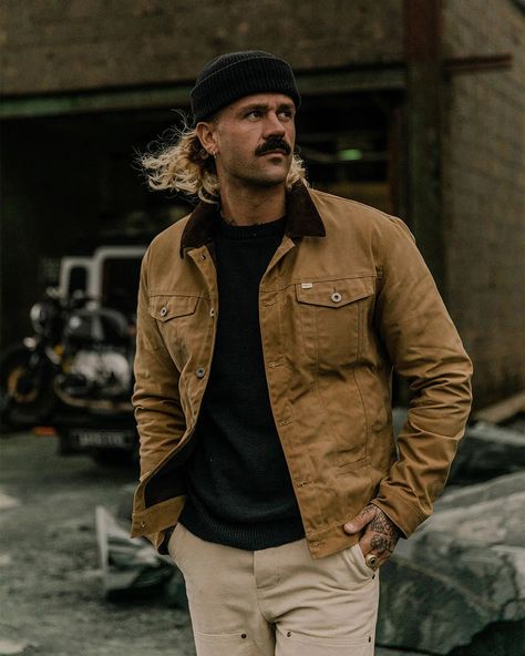 Mens Trucker Jacket Style, Rugged Refined Mens Style, Hipster Clothing Men, Rugged Gentleman Style, Canvas Jacket Men, Woodsman Style, Outdoorsmen Style, Waxed Canvas Jacket, Mountain Man Style