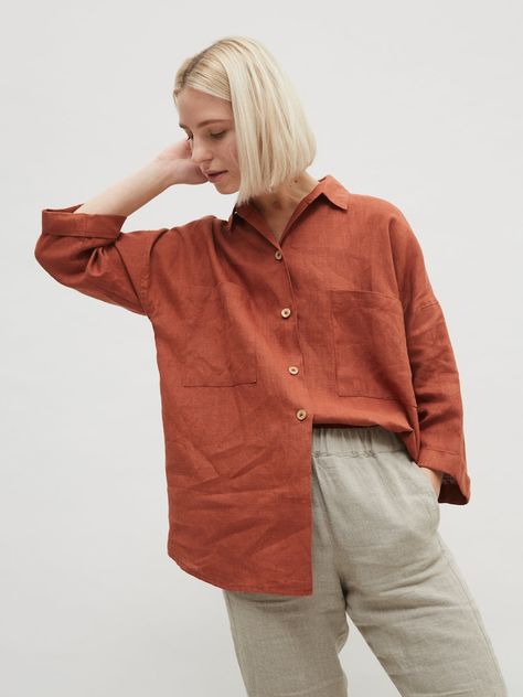 Kay Terracotta Shirt Linen Shirt Drop Shoulder Shirt - Etsy Linen Shirts Women Outfits, Color Terracota, Oversized Linen Shirt, Drop Shoulder Shirt, Linen Shirts Women, Shirt Linen, Blouse Outfit, Professional Outfits, Colourful Outfits