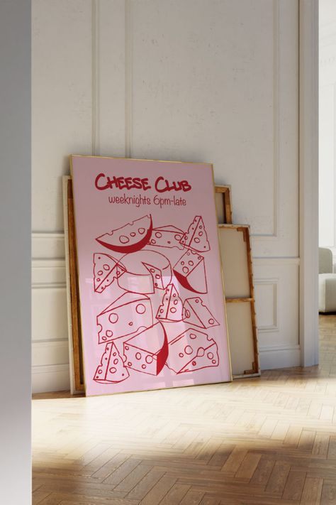 Pink poster with a lot of different cheese in red Cheese Poster, Kitchen Wall Art Vintage, Modern Kitchen Wall Decor, Vintage Food, Mid Century Kitchen, Wall Art Vintage, Poster Retro, Food Poster, Kitchen Wall