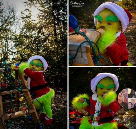 Family Grinch Pictures, Grinch Photoshoot, Christmas Party Pictures, Christmas Photoshoot Kids, First Baby Pictures, Christmas Baby Pictures, Baby Grinch, Baby Milestones Pictures, Baby Christmas Photos