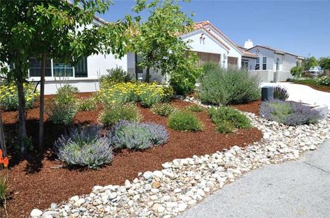 Slow Erosion White Rock Landscaping Ideas Yarrow Moonshine, Torch Lily, Landscape Simple, Xeriscape Front Yard, Rock Landscape, Succulent Landscape Design, Residential Landscaping, River Rock Landscaping, Stone Landscaping